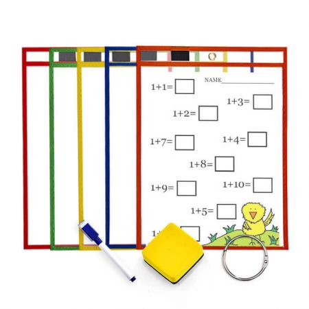 5 Pack Dry Erase Pocket Kit - Colorful edges Dry Erase Pockets for classification paper worksheets