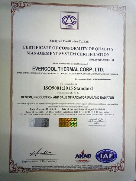 EVERCOOL Certificat ISO