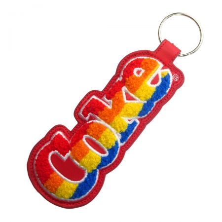 Custom Leather Keychain With Chenille Embroidery - Custom leather keychain with coke cola.