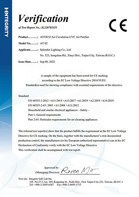 Vérification CE du purificateur d'air ANTICO UVC, AT-02