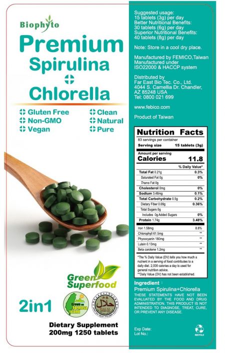 Výživové údaje o tabletách Premium Spirulina Chlorella