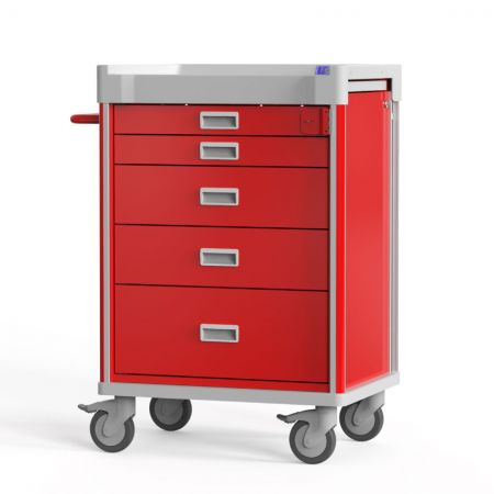 Emergency Medical Cart with Metal Locking Bar , Tool Mount Height adjustable side rail for accessories, Auto-return drawer sliders - Practical Crash Cart.