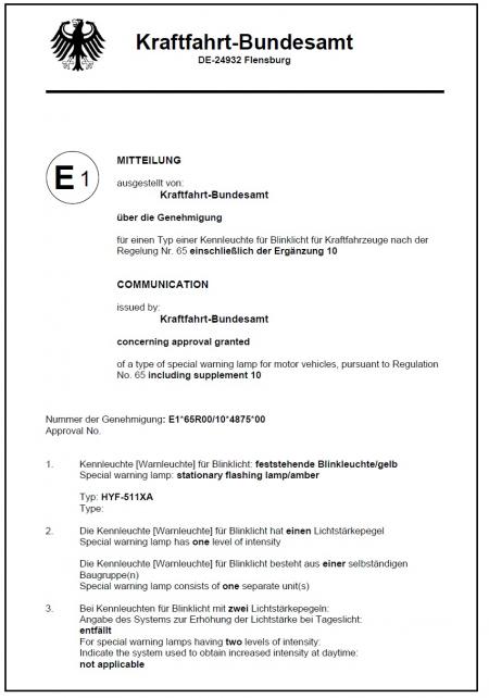 Certificate - . E Mark (511XA 65R)