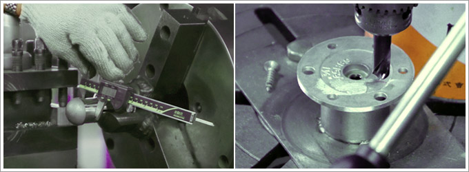 Lathe machine is applied to drill holes on handrail fitting bases