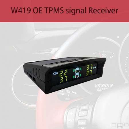 W419 OE TPMS signal Receiver - Model W419 able to receive OE TPMS signals and show up all tires info if the vehicle TPMS just a light on the dashboard. Model W419 is a Solar Charging type which the user can place anywhere. The device can be also charged by USB cable when the weather is bad.