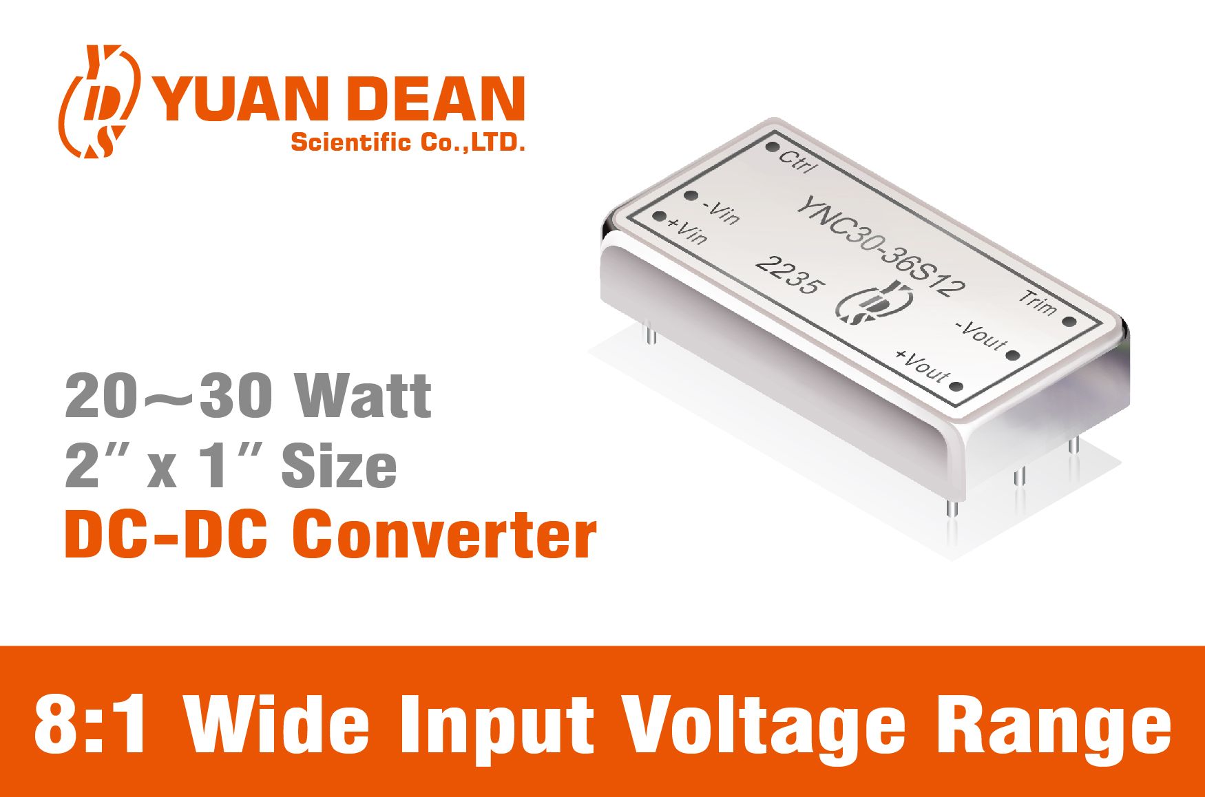 8:1 wide input voltage range 20~30W DC-DC converter