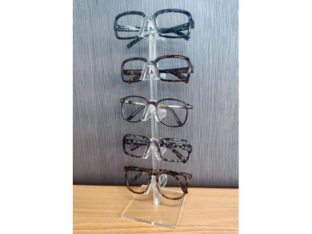 Acrylic eyeglasses frame stand, capable of holding five pairs of glasses