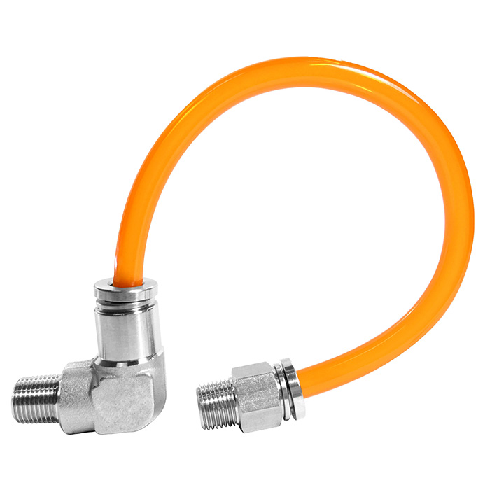 Un tube thermoplastique souple se connecte à un coude mâle pneumatique à enfoncer en acier inoxydable 304 / 316 à une extrémité et à un connecteur mâle pneumatique à enfoncer en acier inoxydable à l'autre extrémité.