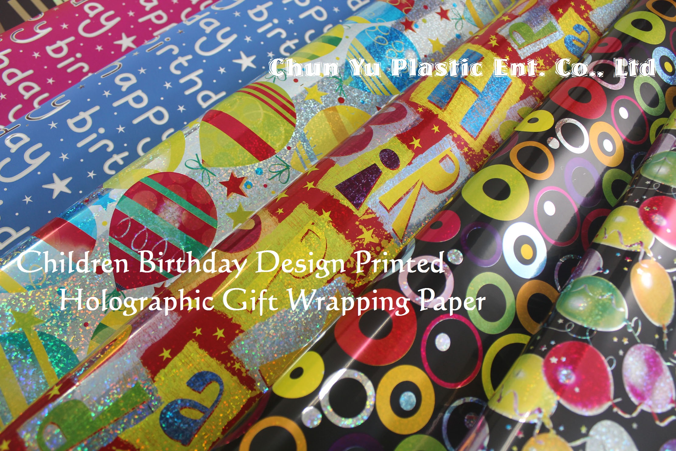 Holographic gift wrapping paper printed with kid designs for birthday and celebration parties. Our birthday holographic wrapping paper includes girls and boys designs.