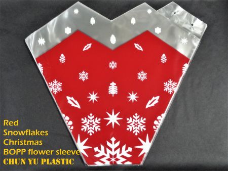 Snowflakes Christmas BOPP flower sleeve in red color