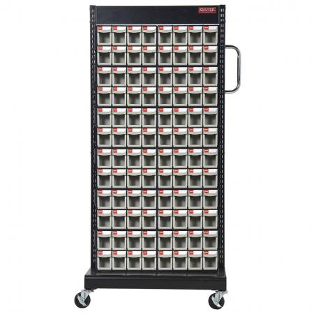 Single-Sided Mobile Stand on Casters with 12 Sets of 8 Flip Out Bin Drawers