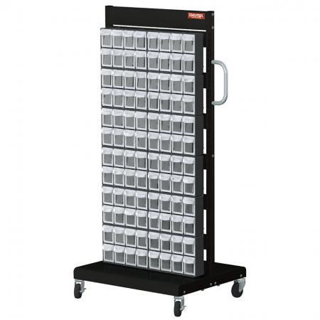 Double-Sided Mobile Stand on Casters with 24 Sets of 8 Flip Out Bin Drawers