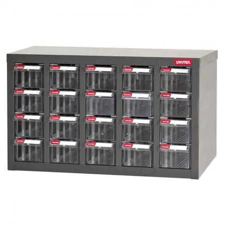 Metal Storage Tool Cabinet for Use in Industrial Workspaces - 20 Drawers in 5 Columns - Compact, worktop steel parts cabinet designed by SHUTER for industrial workspaces.