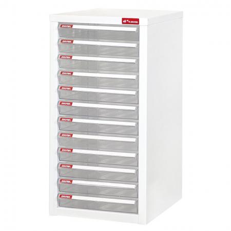 Floor Cabinet with 12 plastic drawers in 1 column for A4 paper (2.7L per drawer) - Clear drawer cabinet for the library-like cataloging of documents and files.
