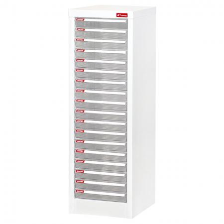 Floor Cabinet with 18 plastic drawers in 1 column for A4 paper (2.7L per drawer) - Steel cabinet with multiple transparent drawers for the most efficient desktop storage on the market.