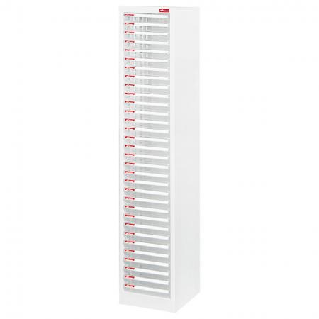 Floor Cabinet with 32 plastic drawers in 1 column for A4 paper (2.7L per drawer) - Steel file cabinet with plastic drawers all contained in one neat unit for office use.