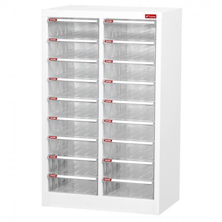 Floor Cabinet with 18 plastic drawers in 2 columns for A4 paper (5.9L per drawer)