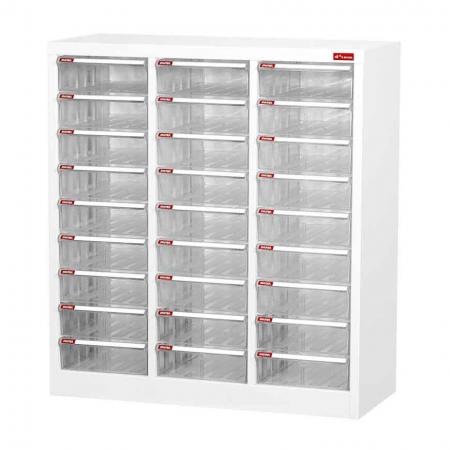 Floor Cabinet with 27 plastic drawers in 3 columns for A4 paper (5.9L per drawer)
