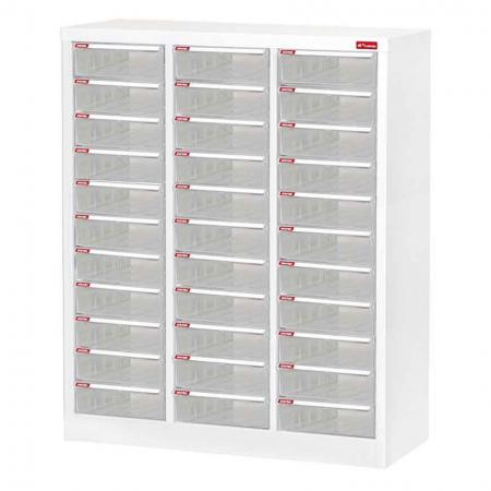 Floor Cabinet with 33 plastic drawers in 3 columns for A4 paper (5.9L per drawer) - SHUTER is here to help you with its incredible, multi-drawer storage cabinet made of sturdy powder-coated steel.