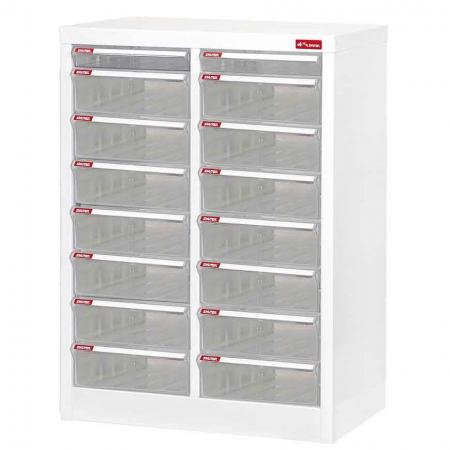 Floor Cabinet with 16 plastic drawers in 2 columns for A4 paper  (2 drawers 2.7L & 14 drawers 5.9L) - Keep stationery items all together in one handy office storage cabinet.