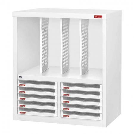 Floor Cabinet with 10 plastic drawers in 2 columns and 3 dividers in 4 columns (3L per drawer)
