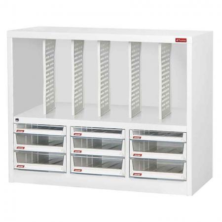 Floor Cabinet with 9 plastic drawers in 3 columns and 5 dividers in 6 columns (6 drawers 6.6L & 3 drawers 3L)