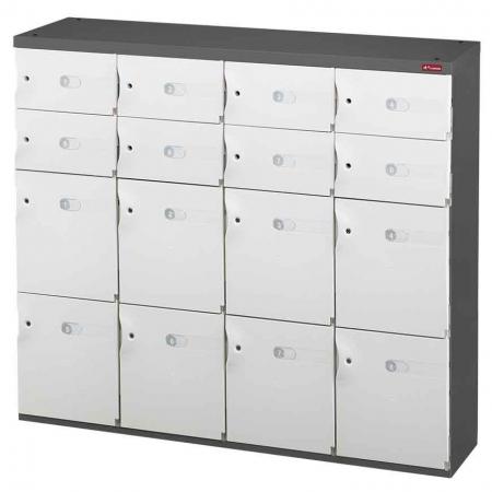 Mixed Door Office Storage Credenza for Shoes or Office Storage - 8 Medium Doors and 8 Small Doors in 4 Columns