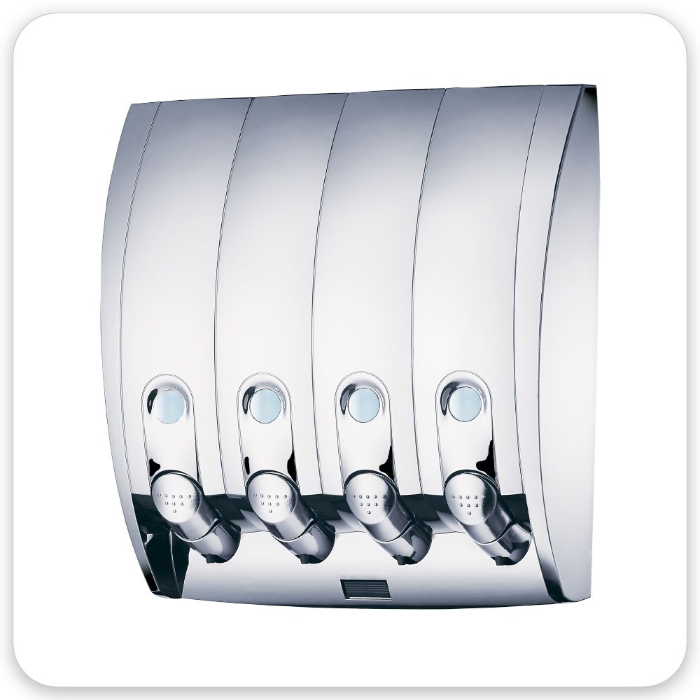Hotel Bathroom Organizer - 350ml lockable 4 Chamber Dispenser - Chrome, Automatic Soap & Sanitizer Soap Dispensers Manufacturer