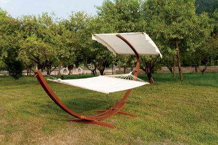 Deck Two-Person Arched Wooden Hammock Stand with Canopy and Rip-Resistant Cotton Fabric (Length 410cm) - Two-person hammock stand set with canopy