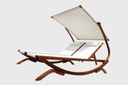 Double Wooden Lounge Chair with Fabric Sunshade - 2-seater solid woodchaise longue with sunshade