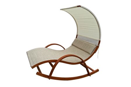 Double Wooden Lounge Chair with Sunshade - C-shaped camber solid wood stand chaise lounge