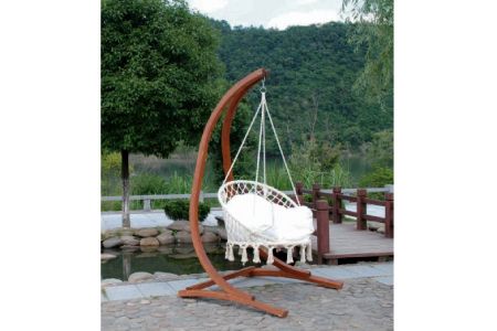 Single Round Seat Wooden Swing Chair Stand Capacity 120KG - Woven fabric swing chair with wooden stand