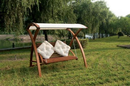 Outdoor Courtyard Curved Solid Wood Swing (Load 240kg) - Leisure wooden swing with shade roof