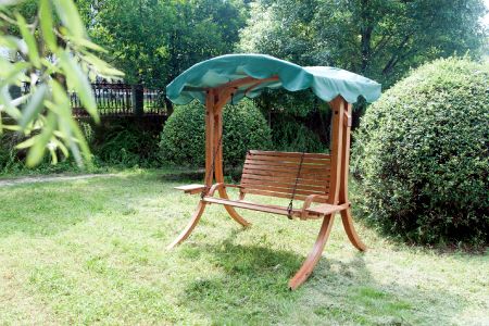 Double Armrest Garden Canopy Hardwood Swing (Loading 240kg) - solid wood swing seat with canvas sunshade